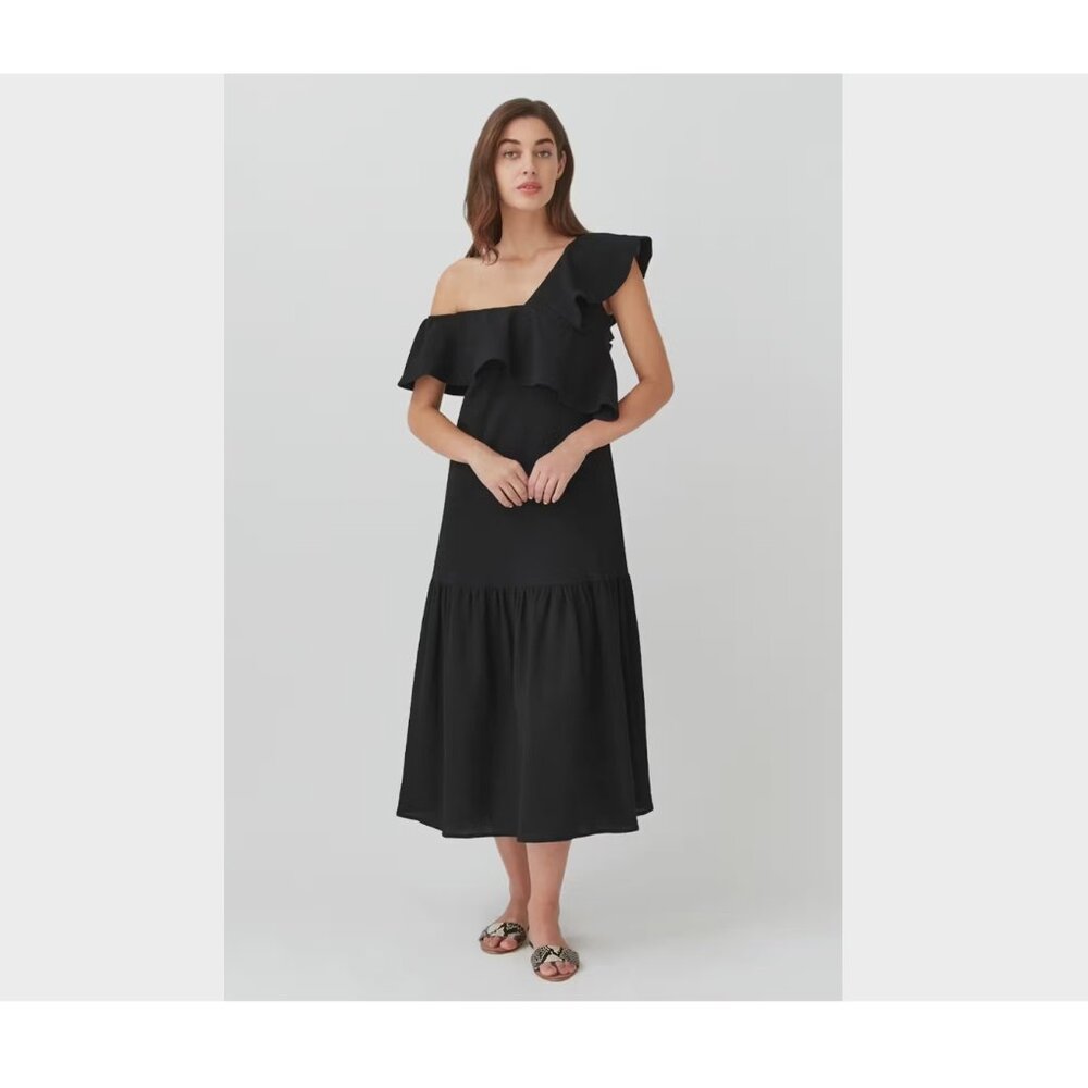 Cuyana Maxi Flounce Cotton Seersucker One Sleeve Flounce Hem Midi Dress XS